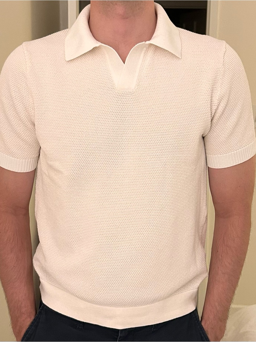 Mango Men's White Cream Textured Short-Sleeve Knit Polo
